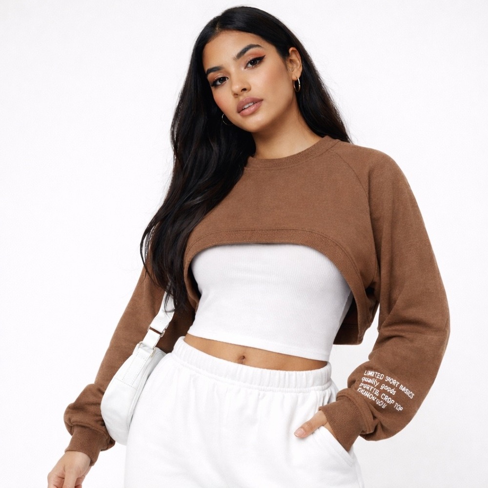 Zara Limited Sport Basics Super Crop Top Brown Sweatshirt M Streetwear 102-70